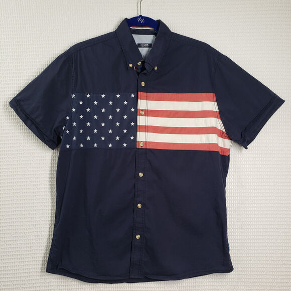 Izod USA Flag Button Down Shirt Mens Medium Blue American Short Sleeve Casual - Picture 1 of 12